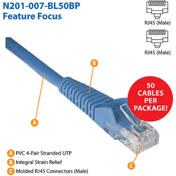 Eaton Tripp Lite Series Cat6 Gigabit Snagless Molded (UTP) Ethernet Cable (RJ45 M/M), PoE, Blue, 7 ft. (2.13 m), 50-Piece Bulk Pack - Image 2
