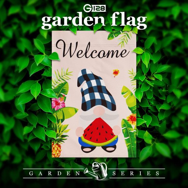G128 Garden Flag Welcome Gnome with Watermelon Slice 12"x18" Blockout Fabric - Image 2