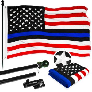 G128 - 6 Feet Tangle Free Spinning Flagpole (Black) Blue Lives Matter Flag Brass Grommets Embroidered 3x5 ft (Flag Included) Aluminum Flag Pole