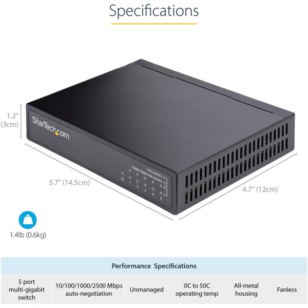 StarTech.com Unmanaged 2.5G Switch, 5 Port 2.5GBASE-T Unmanaged Ethernet Switch, Din Rail | Wall Mount, Multi-Gigabit, Auto-MDIX, 9K Jumbo - Image 6