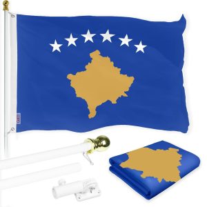 G128 Combo Pack: 6 Ft Tangle Free Spinning Flagpole (White) & Kosovo Flag 3x5 Ft Printed 150D Polyester, Brass Grommets (Flag Included) Aluminum Flag Pole