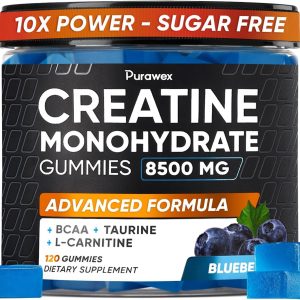 Creatine Monohydrate Gummies 8500mg Complex for Men & Women, Preworkout Gummy with L-Carnitine, BCAA, Taurine for Muscle Growth, Strength & Energy Support, Sugar Free, Vegan,Blueberry Flavor,120 Count