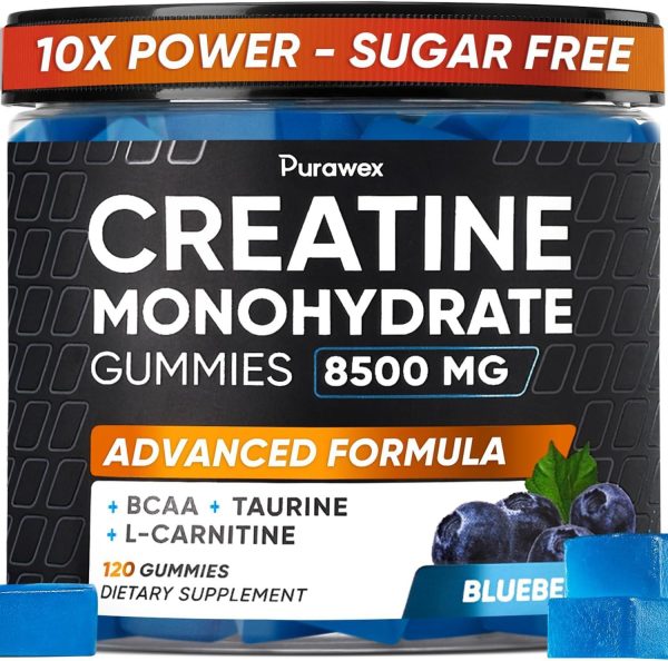Creatine Monohydrate Gummies 8500mg Complex for Men & Women, Preworkout Gummy with L-Carnitine, BCAA, Taurine for Muscle Growth, Strength & Energy Support, Sugar Free, Vegan,Blueberry Flavor,120 Count