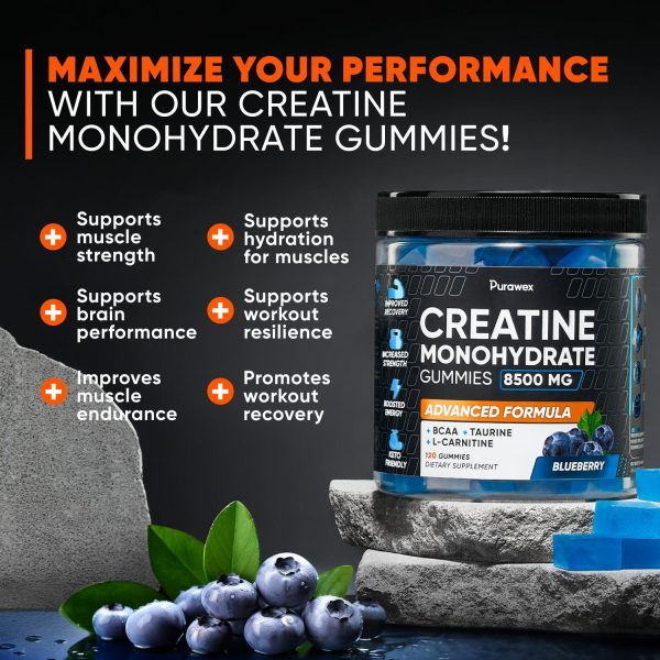Creatine Monohydrate Gummies 8500mg Complex for Men & Women, Preworkout Gummy with L-Carnitine, BCAA, Taurine for Muscle Growth, Strength & Energy Support, Sugar Free, Vegan,Blueberry Flavor,120 Count - Image 3
