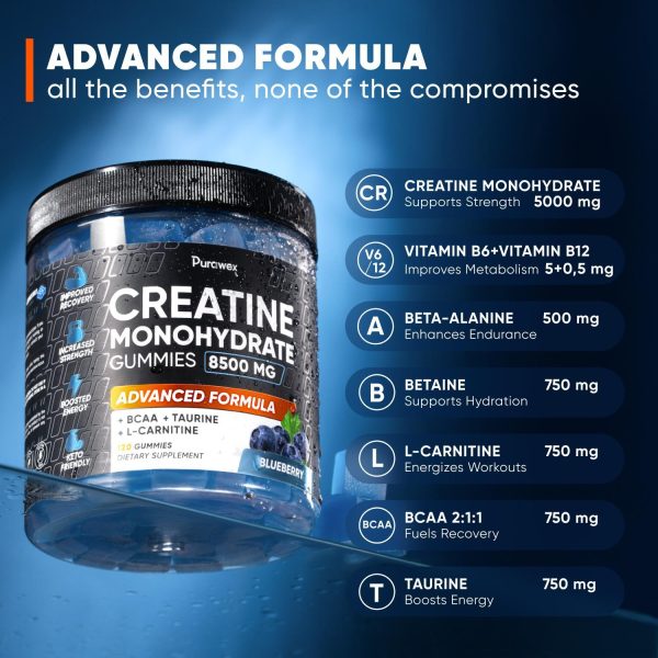Creatine Monohydrate Gummies 8500mg Complex for Men & Women, Preworkout Gummy with L-Carnitine, BCAA, Taurine for Muscle Growth, Strength & Energy Support, Sugar Free, Vegan,Blueberry Flavor,120 Count - Image 4