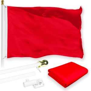 G128 Combo Pack: 5 Ft Tangle Free Aluminum Spinning Flagpole (White) & Solid Red Color Flag 2.5x4 Ft, LiteWeave Pro Series Printed 150D Polyester | Pole with Flag Included