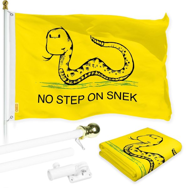G128 Combo Pack: 6 Ft Tangle Free Spinning Flagpole (White) & No Step on Snek Cute Cartoon Flag 3x5 Ft Printed 150D Polyester, Brass Grommets (Flag Included) Aluminum Flag Pole