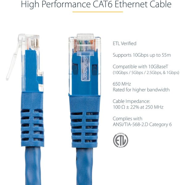 StarTech.com 100ft CAT6 Ethernet Cable - Blue Molded Gigabit - 100W PoE UTP 650MHz - Category 6 Patch Cord UL Certified Wiring/TIA - Image 3