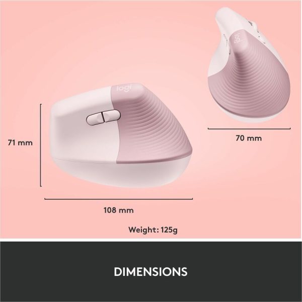 Logitech Lift Vertical Ergonomic Mouse, Wireless, Bluetooth or Logi Bolt USB receiver, Quiet clicks, 4 buttons, Rose - Image 9