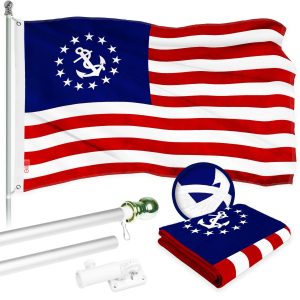 G128 Combo Pack: 5 Ft Tangle Free Aluminum Spinning Flagpole (Silver) & American USA Yacht Ensign Flag 2x3 Ft, ToughWeave Series Embroidered 300D Polyester | Pole with Flag Included