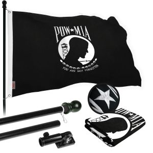 G128 Flag Pole 6 FT Black Tangle Free & POW MIA Flag Emb 3x5 FT Combo Embroidered Spun Polyester