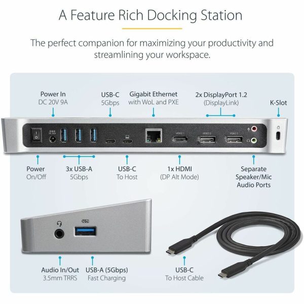 StarTech.com 4K USB-C Dock, Triple UHD 4K Monitor Docking Station, Mac & Windows, HDMI & DisplayPort, 100W PD, 5x USB 5Gbps Hub, TAA - Image 3
