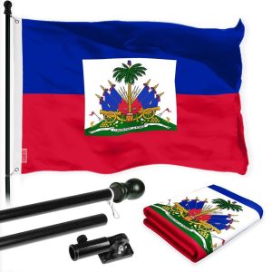 G128 Combo Pack: 6 Ft Tangle Free Spinning Flagpole (Black) & Haiti Flag 3x5 Ft Printed 150D Polyester, Brass Grommets (Flag Included) Aluminum Flag Pole