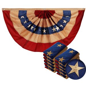 G128 - 10 Pack: USA Tea Stained Pleated Fan Flag 3x6FT Burlap Embroidered Polyester Stars and Stripes