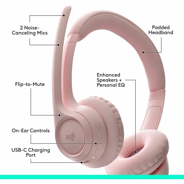 Logitech Zone 300 Wireless Bluetooth Headset With Noise-Canceling Microphone, Compatible with Windows, Mac, Chrome, Linux, iOS, iPadOS, Android - Rose - Image 2