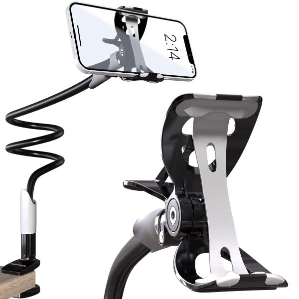 Cell Phone Holder for Bed Gooseneck Bedside Phone Holder Laying Down with Adjustable 360 Clamp Clip and Flexible Long Arm Phone Holder for Desk Stand and Mount Compatible with iPhone 14 Pro Max