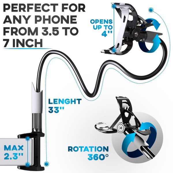 Cell Phone Holder for Bed Gooseneck Bedside Phone Holder Laying Down with Adjustable 360 Clamp Clip and Flexible Long Arm Phone Holder for Desk Stand and Mount Compatible with iPhone 14 Pro Max - Image 3