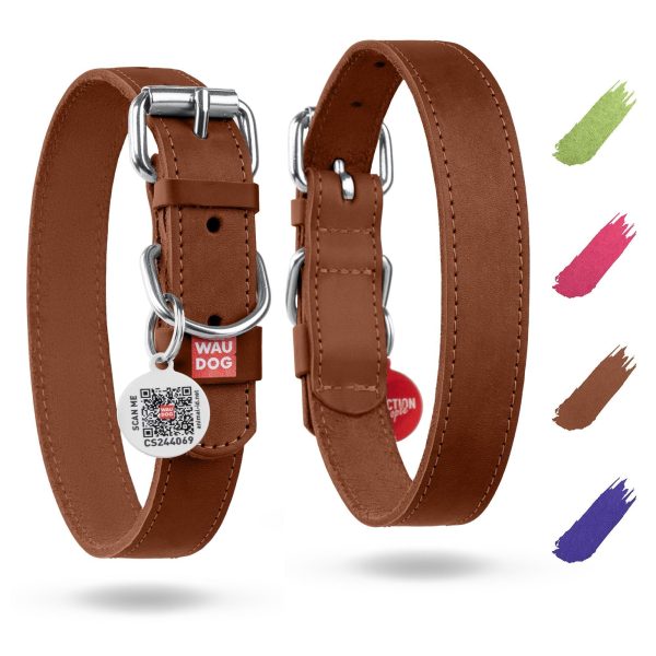 WAUDOG Long Lasting Leather Dog Collar for Large Dogs Medium & Small Dogs   Adjustable Classic Puppy Collars for Large Breed Dogs   Boy & Girl Dog Collars with Durable Buckle D Ring & QR Dog Tag
