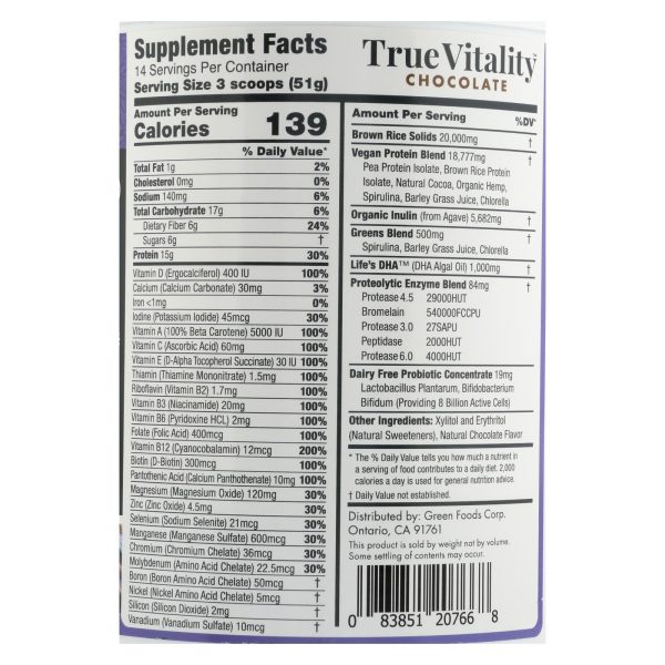 Green Foods True Vitality Plant Protein Shake with DHA Chocolate - 25.2 oz - Image 2