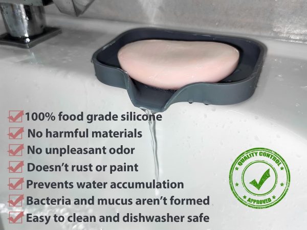 2 pcs Grey Silicone Soap Tray   Self Draining Soap Dish   Soap Holder Self Draining   Soap Dish for Bar Soap   Soap Dishes That Drain   Soap Dish for Sink   Organizer for Bathroom and Kitchen. - Image 5