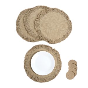 The Fine Living Co. Braided Cotton Placemats (Set of 4 15 Inches) with 4 Free Coasters Washable Anti Slip Heat Resistant Mats Boho Woven Round Table Mats for House Decor Kitchen and Dining