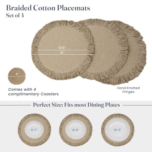 The Fine Living Co. Braided Cotton Placemats (Set of 4 15 Inches) with 4 Free Coasters Washable Anti Slip Heat Resistant Mats Boho Woven Round Table Mats for House Decor Kitchen and Dining - Image 2