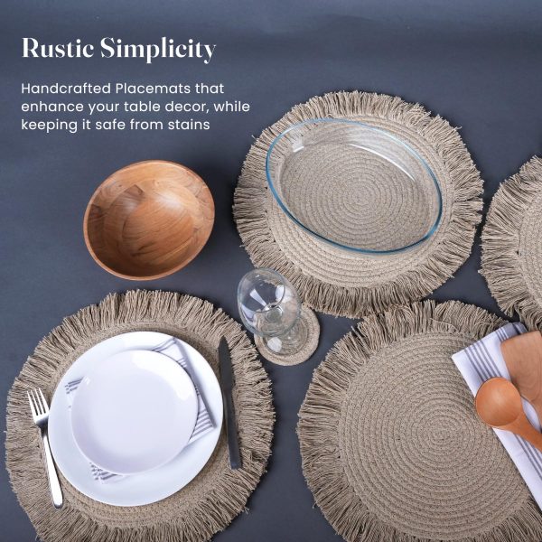 The Fine Living Co. Braided Cotton Placemats (Set of 4 15 Inches) with 4 Free Coasters Washable Anti Slip Heat Resistant Mats Boho Woven Round Table Mats for House Decor Kitchen and Dining - Image 3