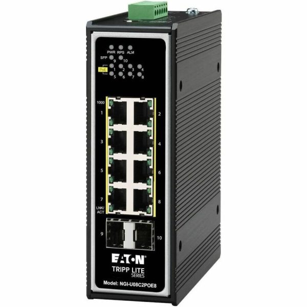 Eaton Tripp Lite Series 8-Port Unmanaged Industrial Gigabit Ethernet Switch - 10/100/1000 Mbps, PoE+ 30W, 2 GbE SFP Slots, -40° to 75°C, DIN Mount, TAA
