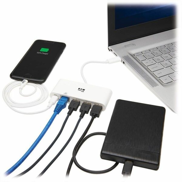 Eaton Tripp Lite Series 3-Port USB-C Hub - USB 3.x (5Gpbs) Hub Ports, Gigabit Ethernet, 60W PD Charging, White - Image 2