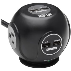 Eaton Tripp Lite Series 3-Outlet Spherical Surge Protector, 4 USB Ports (4.8A Shared) - 6 ft. (1.83 m) Cord, 5-15P Plug, 540 Joules, Black