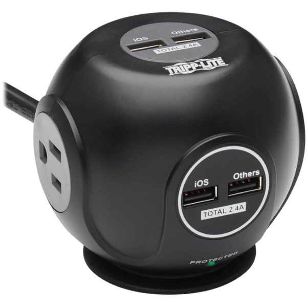Eaton Tripp Lite Series 3-Outlet Spherical Surge Protector, 4 USB Ports (4.8A Shared) - 6 ft. (1.83 m) Cord, 5-15P Plug, 540 Joules, Black