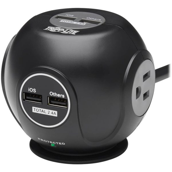 Eaton Tripp Lite Series 3-Outlet Spherical Surge Protector, 4 USB Ports (4.8A Shared) - 6 ft. (1.83 m) Cord, 5-15P Plug, 540 Joules, Black - Image 2