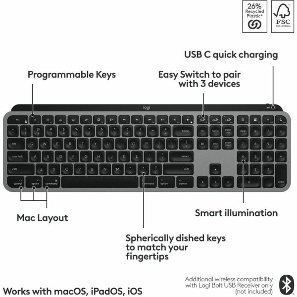 Logitech MX Keys S for Mac, Wireless Keyboard, Fluid, Precise Laptop-Like Typing, Programmable Keys, Backlit, Bluetooth USB C Rechargeable for MacBook Pro, Macbook Air, iMac, iPad (Space Grey) - Image 6