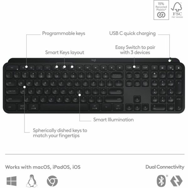 Logitech MX Keys S Wireless Keyboard, Low Profile, Fluid Precise Quiet Typing, USB C Rechargeable, Black - Image 6