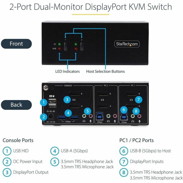 StarTech.com 2-Port Dual-Monitor DisplayPort KVM Switch, 4K 60Hz, 2x USB 5Gbps Ports, Hotkey/Push-Button Switching, TAA Compliant - Image 3