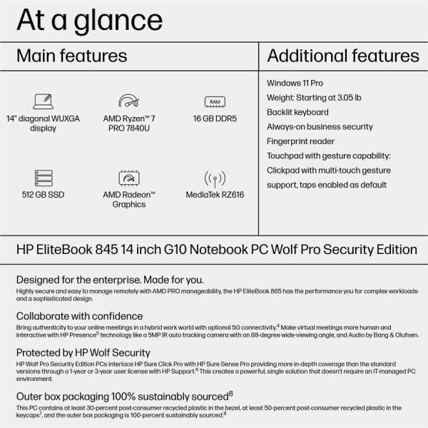HP EliteBook 845 G10 14" Notebook - WUXGA - AMD Ryzen 7 PRO 7840U - 16 GB - 512 GB SSD - English Keyboard - Image 4