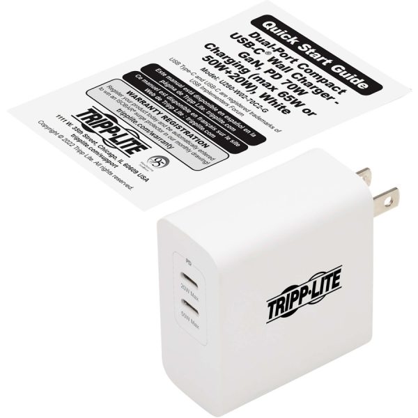 Eaton Tripp Lite Series Dual-Port Compact USB-C Wall Charger - GaN Technology, 70W PD Charging (50W+20W or 65W Max), White - Image 4
