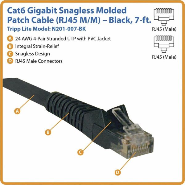 Eaton Tripp Lite Series Cat6 Gigabit Snagless Molded (UTP) Ethernet Cable (RJ45 M/M), PoE, Black, 7 ft. (2.13 m) - Image 2