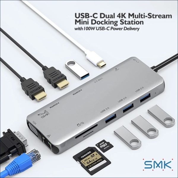 SMK-Link USB-C Dual 4K Multi-Stream Mini Docking Station for Apple MacBook Air - MacBook Pro - Dual 4k HDMI, VGA, 100W PD, 4 x USB-A - GbE - Image 2