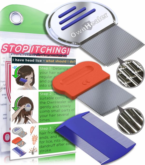 Lice Comb [Pack of 3]   Fast Removal of Lice Eggs Nits and Dandruff. Professional Results for Head Lice Treatment on All Different Types of Hair. Peine para piojos y liendres.