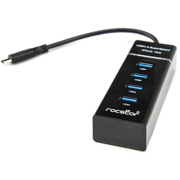 Rocstor Premium Slim Portable 4 Port Hub - USB-C to 4x USB-A Slim Hub - USB 3.0 Hub - Bus Powered - Black - USB C to USB Type-A Hub - USB Type C - External - USB-C 3.1 to 4 USB Type-A 3.0 Port(s) USB-A - Image 3