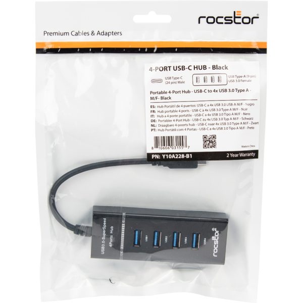 Rocstor Premium Slim Portable 4 Port Hub - USB-C to 4x USB-A Slim Hub - USB 3.0 Hub - Bus Powered - Black - USB C to USB Type-A Hub - USB Type C - External - USB-C 3.1 to 4 USB Type-A 3.0 Port(s) USB-A - Image 9