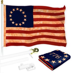 G128 Combo Pack: 6 Ft Tangle Free Aluminum Spinning Flagpole (White) & Betsy Ross Tea-Stained Flag 3x5 Ft, LiteWeave Pro Series Printed 300D Polyester | Pole with Flag Included