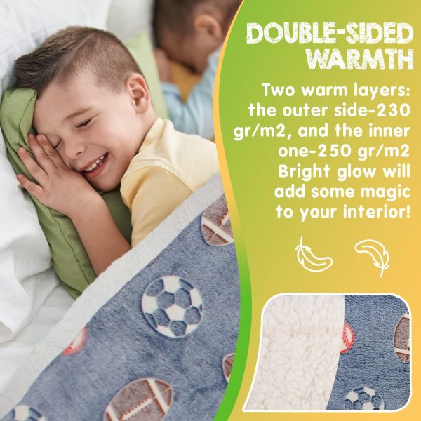 Glow in The Dark Blanket. Blue Flannel Fleece Blanket for Boys. Two Sided Soccer Kids Blanket. 6 Hours Glow in The Dark Blankets 50 x 60 Inches - Image 3