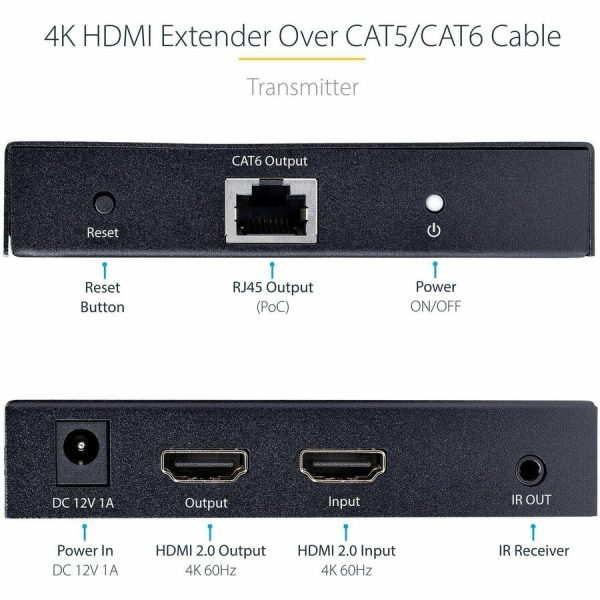 StarTech.com 4K HDMI Extender Over CAT5/CAT6 Cable, 4K 60Hz Video Extender Up to 230ft (70m), HDMI Over Ethernet Cabling, S/PDIF Audio Out - Image 2