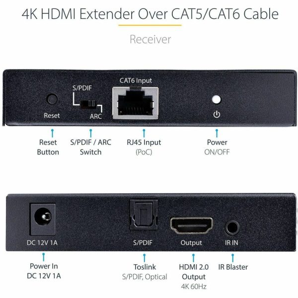 StarTech.com 4K HDMI Extender Over CAT5/CAT6 Cable, 4K 60Hz Video Extender Up to 230ft (70m), HDMI Over Ethernet Cabling, S/PDIF Audio Out - Image 3