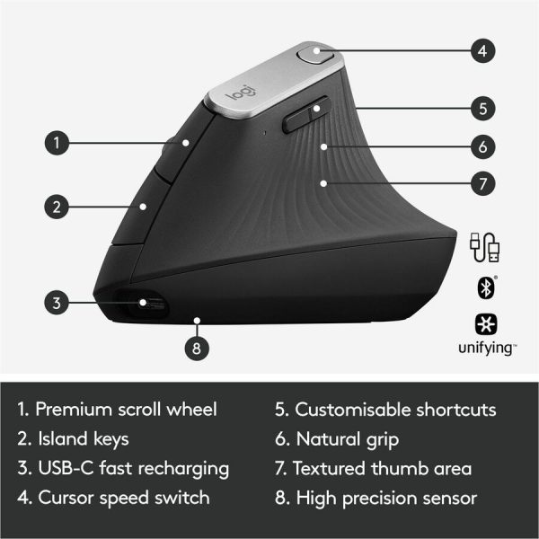 Logitech MX Vertical Wireless Mouse - Ergonomic Design Reduces Muscle Strain, Rechargeable, Graphite - Image 6