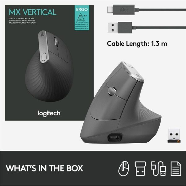 Logitech MX Vertical Wireless Mouse - Ergonomic Design Reduces Muscle Strain, Rechargeable, Graphite - Image 9