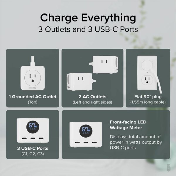 Plugable 67W USB C Power Strip, USBC Charging Station Extension Cord with Multiple Outlets - Image 2