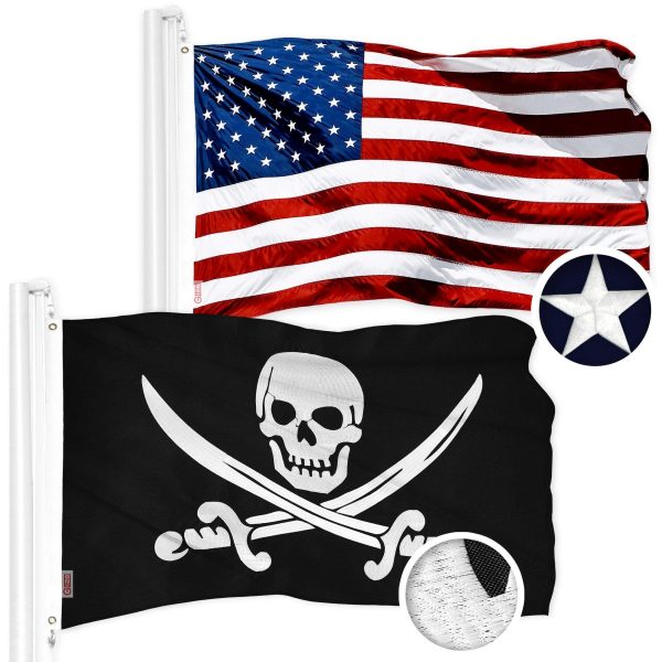 G128 Combo Pack: American USA Flag 1x1.5 Ft & Pirate Jolly Roger Swords Flag 1x1.5 Ft | Both ToughWeave Series Embroidered 300D Polyester, Embroidered Design, Indoor/Outdoor, Brass Grommets